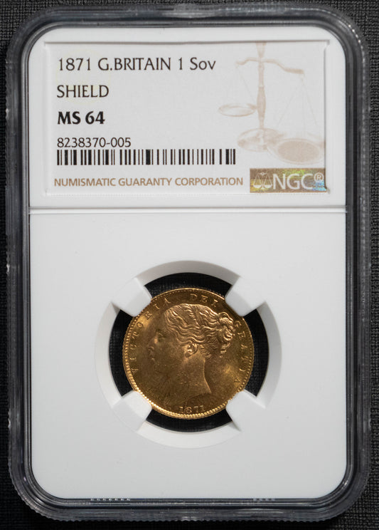 1871 ヴィクトリア シールド ソブリン 金貨 NGC MS64