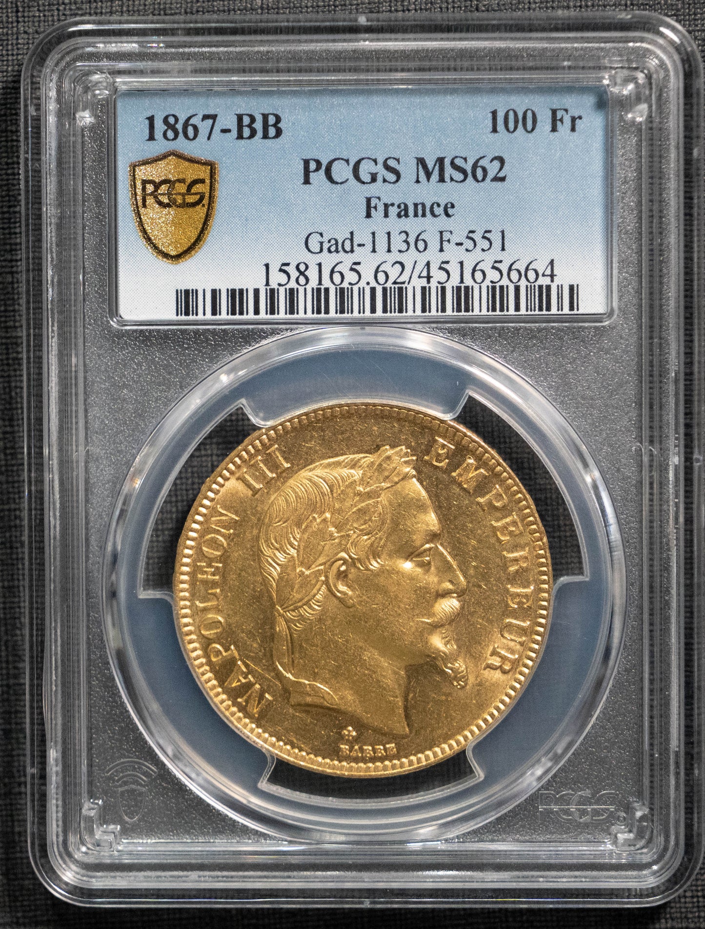 1867BB ナポレオン3世 100フラン 金貨 PCGS MS62