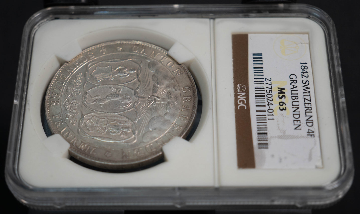 1842 スイス 射撃祭 グラウビュンデン 4フランケン 銀貨 NGC MS63