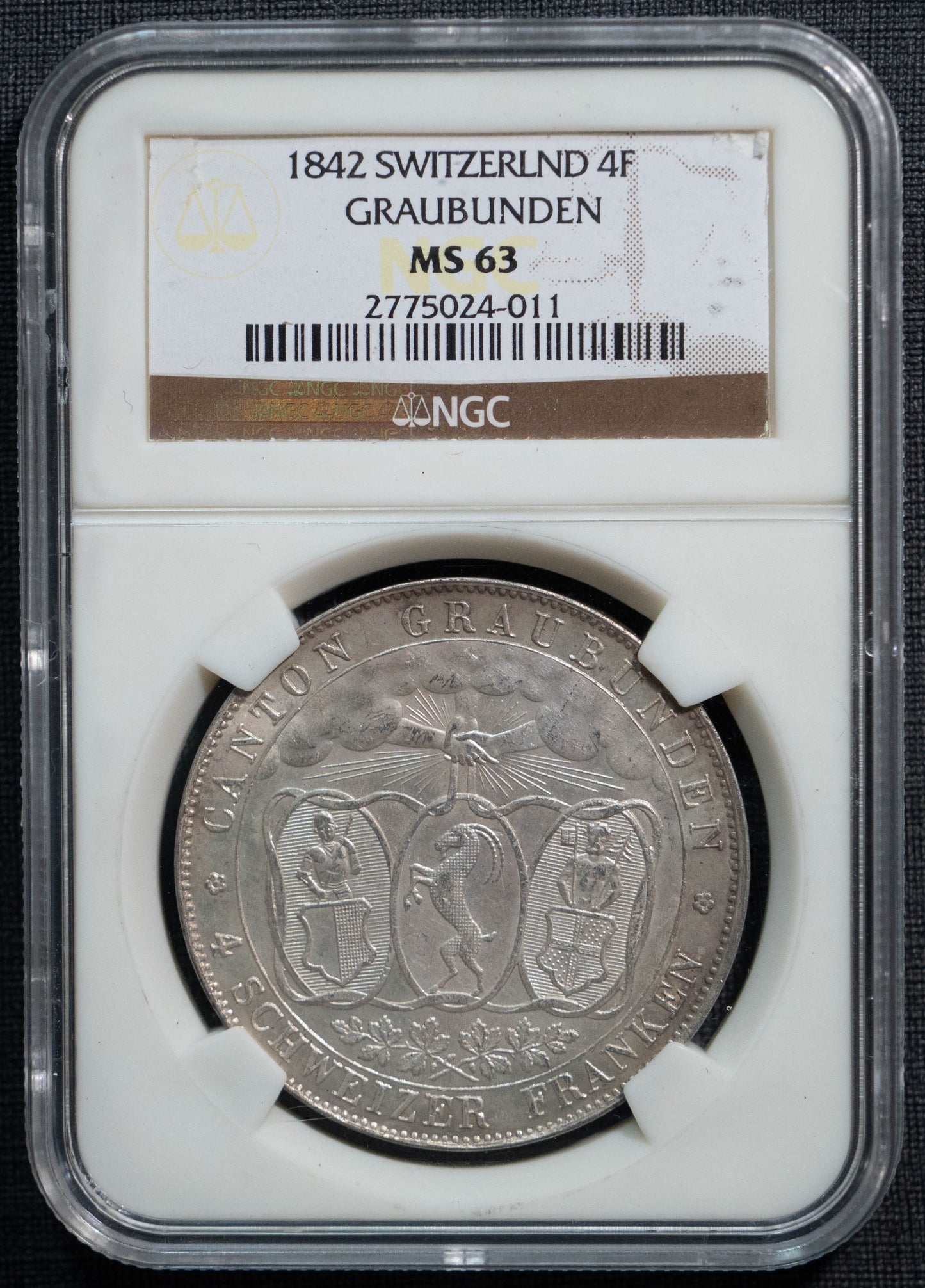 1842 スイス 射撃祭 グラウビュンデン 4フランケン 銀貨 NGC MS63