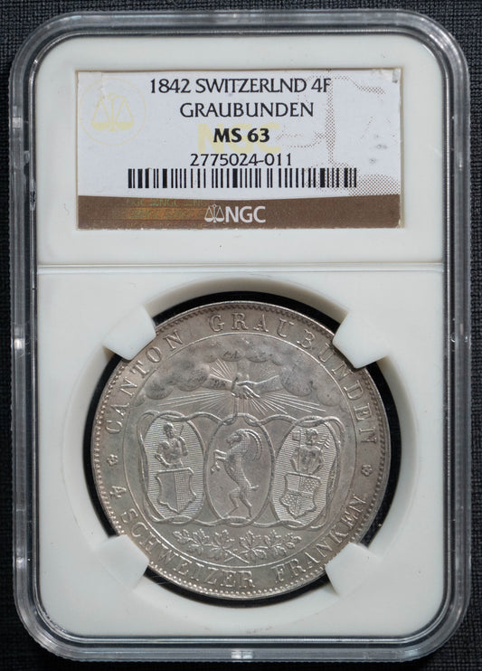 1842 スイス 射撃祭 グラウビュンデン 4フランケン 銀貨 NGC MS63