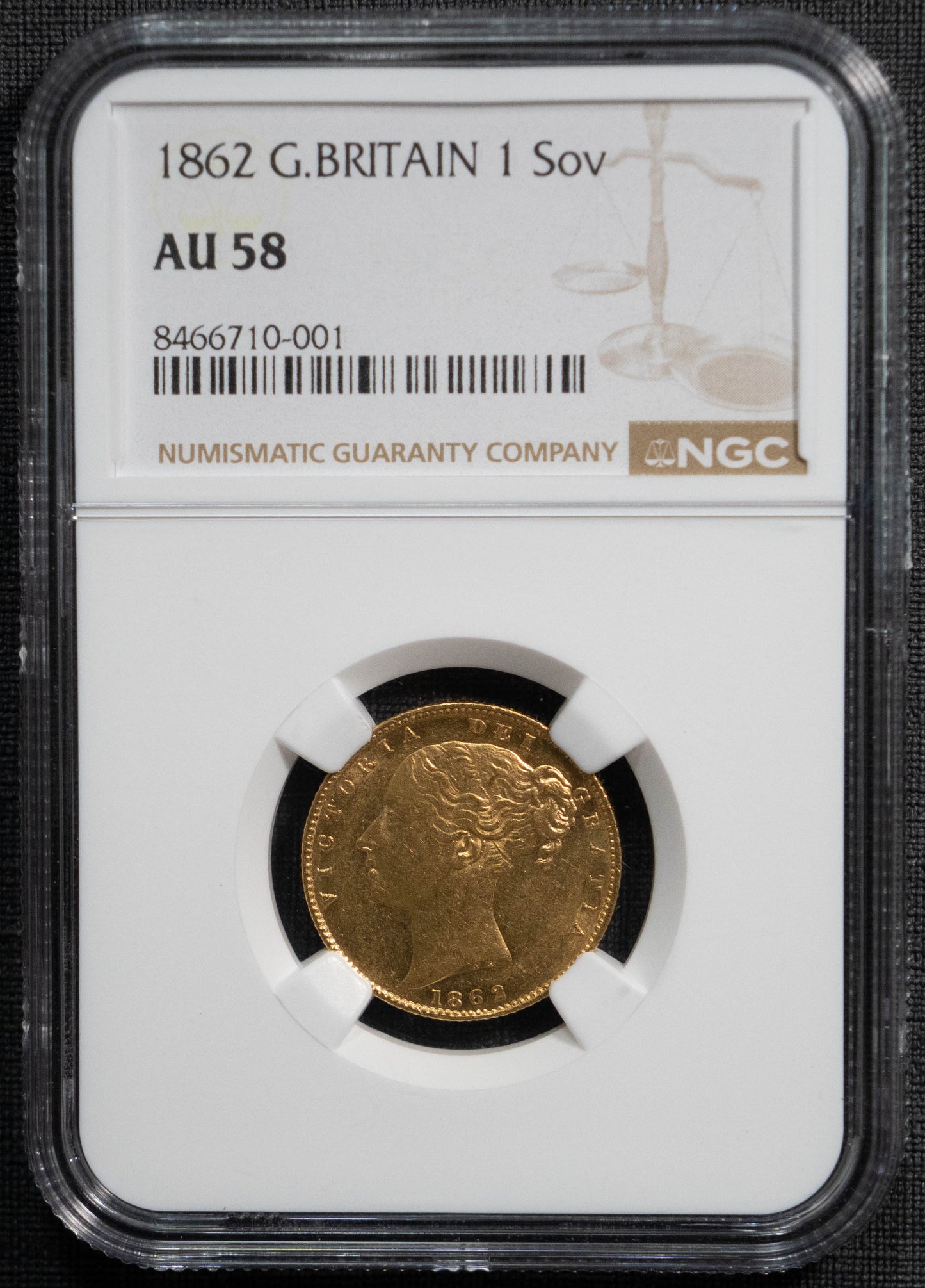 1862年 ヴィクトリア女王 ヤングヘッド ソブリン金貨 NGC AU58 シールド