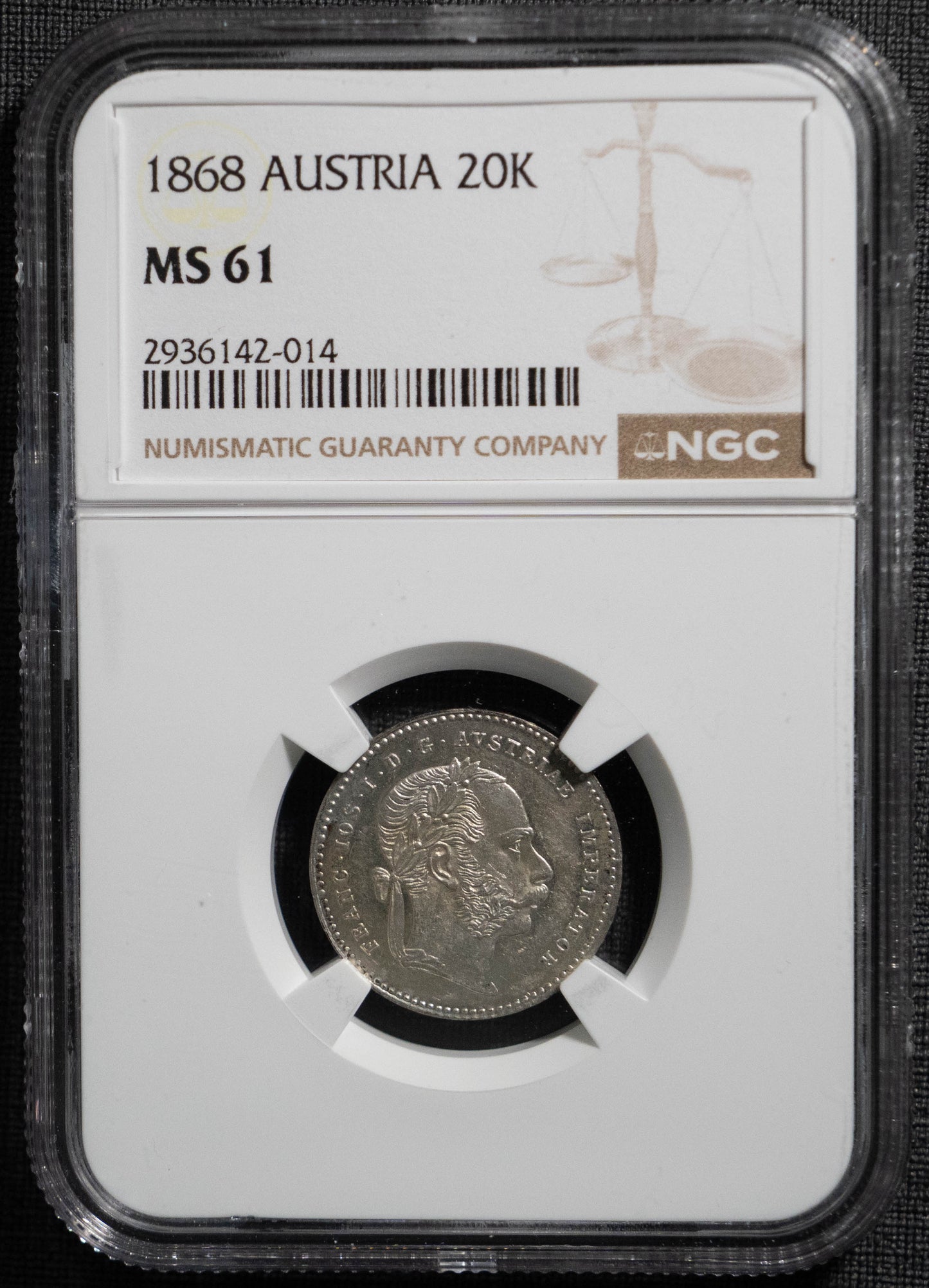1868 オーストリア 銀貨 NGC MS61 20クロイツァー